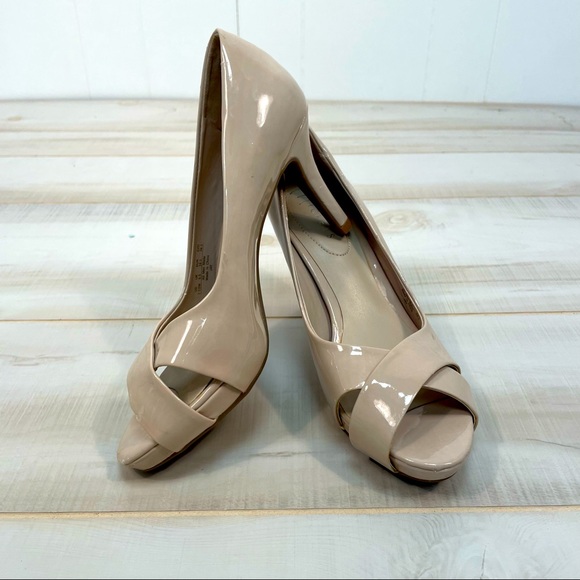Nickels Nude Jay Criss Cross Peep Toe Vegan Heels Sz 7.5 Patent - Picture 3 of 9